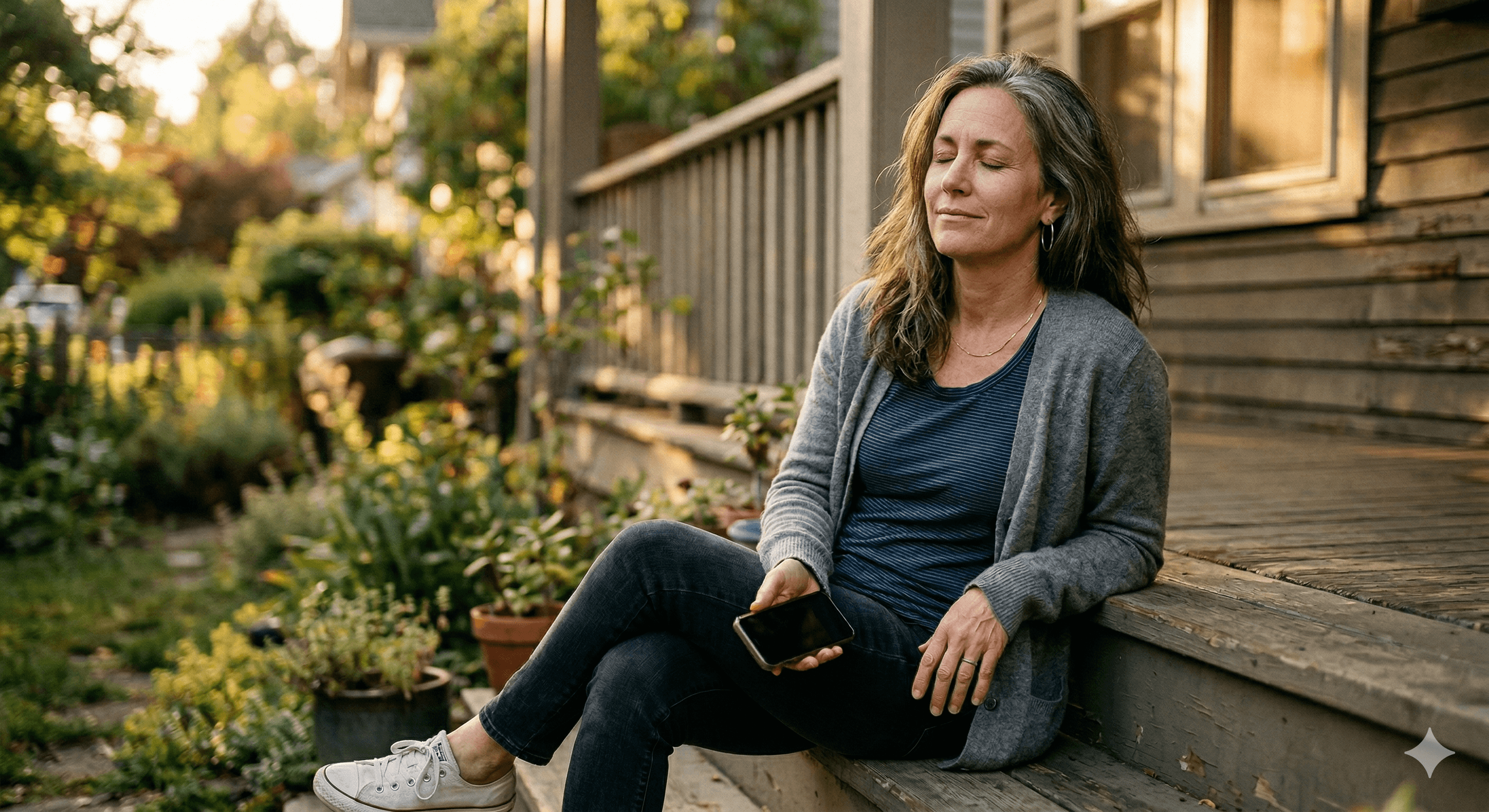 A caregiver sitting peacefully on a porch, phone in her lap