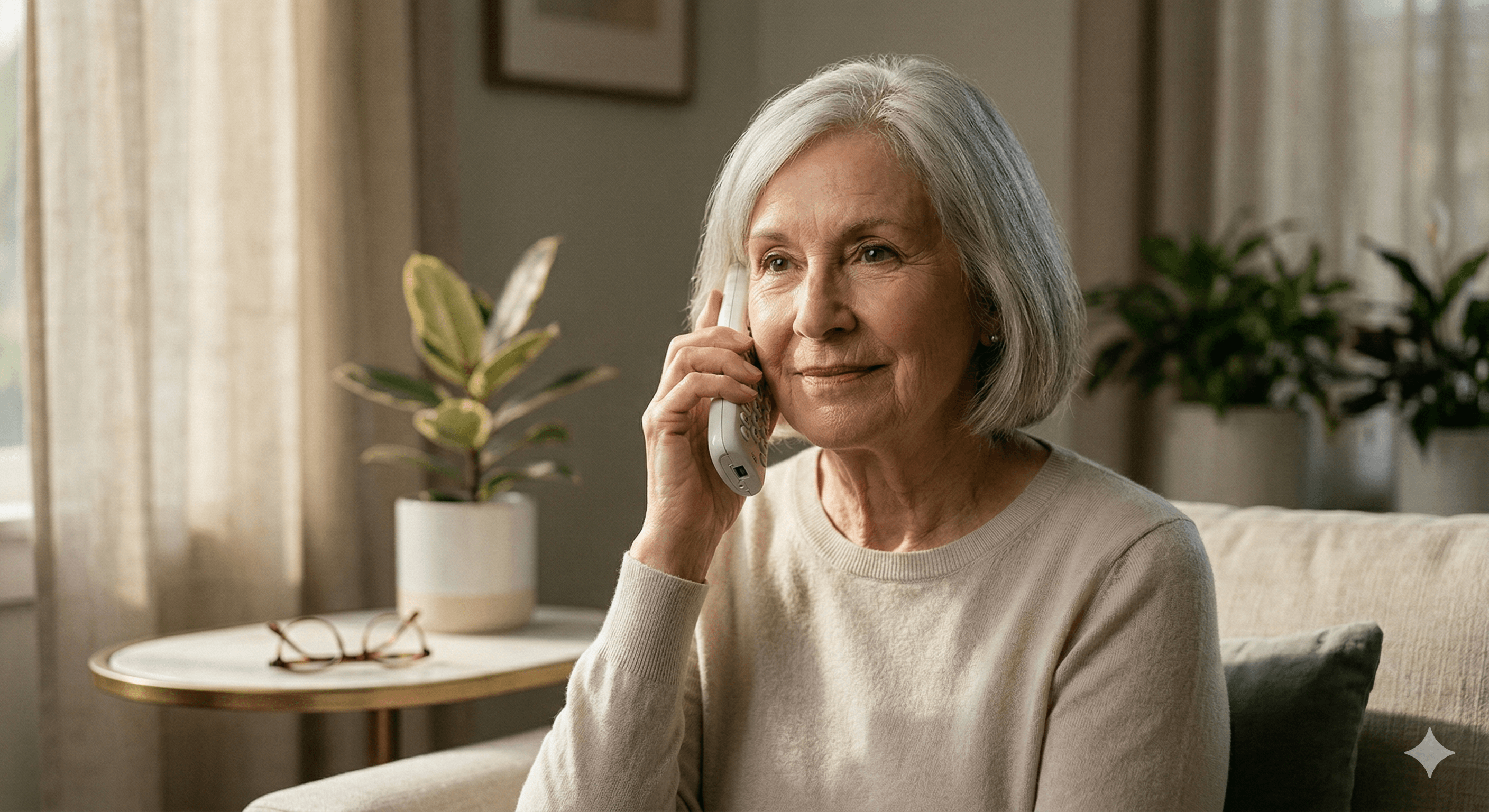 Elderly woman smiling while talking on the phone